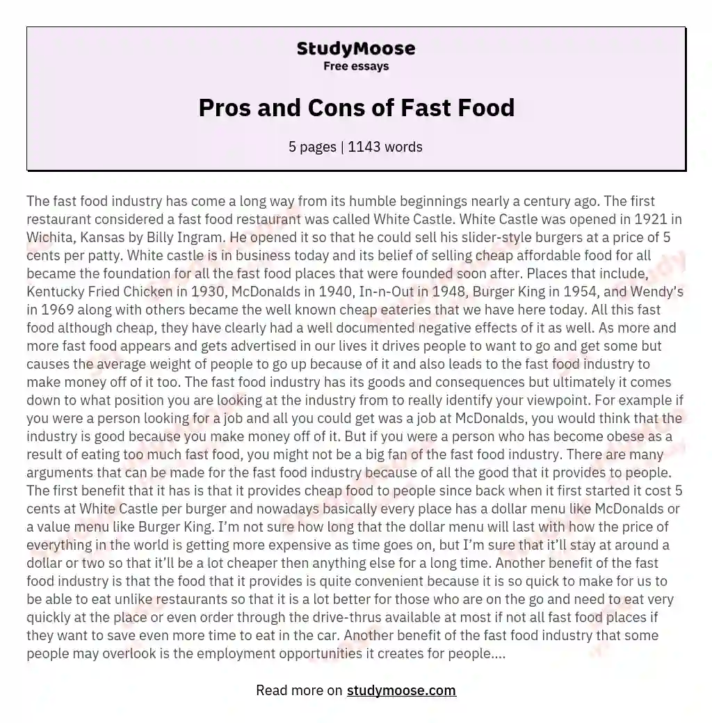 Pros and Cons of Fast Food essay