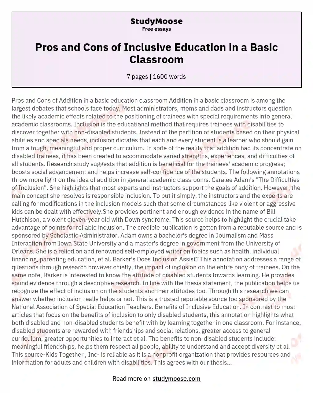 Pros and Cons of Inclusive Education in a Basic Classroom essay