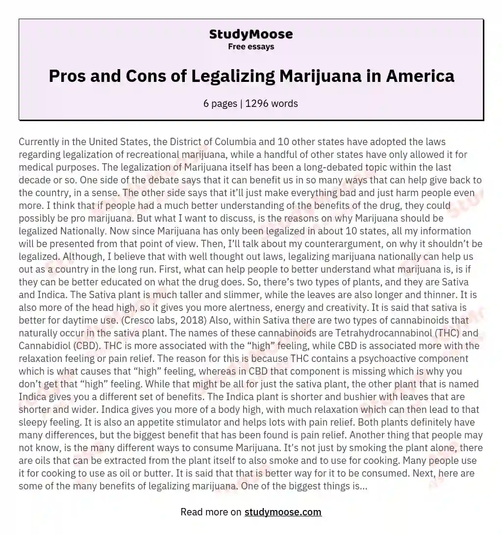 Pros and Cons of Legalizing Marijuana in America essay