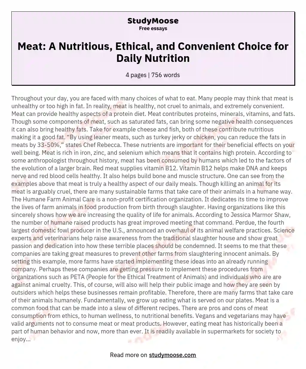 Meat: A Nutritious, Ethical, and Convenient Choice for Daily Nutrition essay