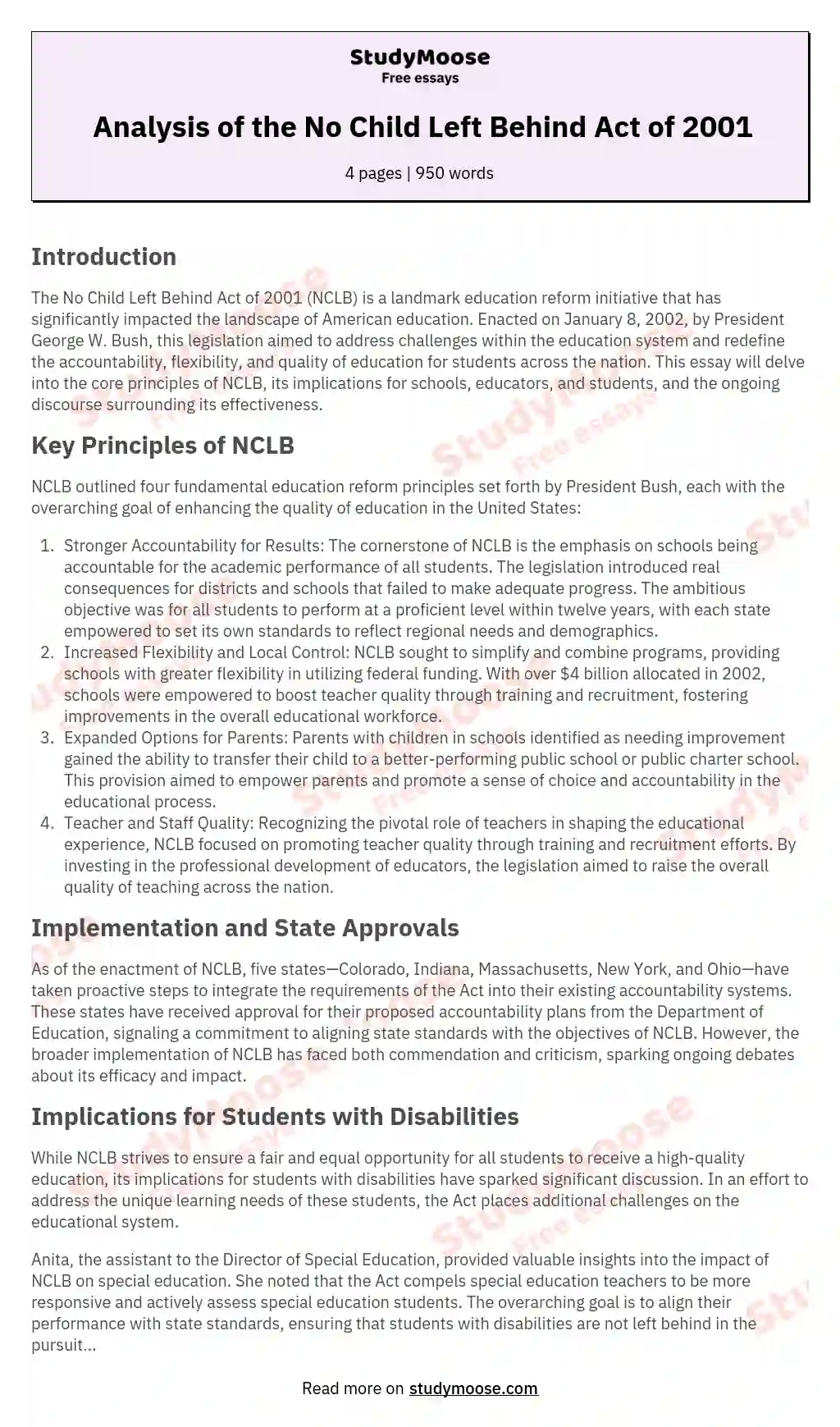 Analysis of the No Child Left Behind Act of 2001 essay