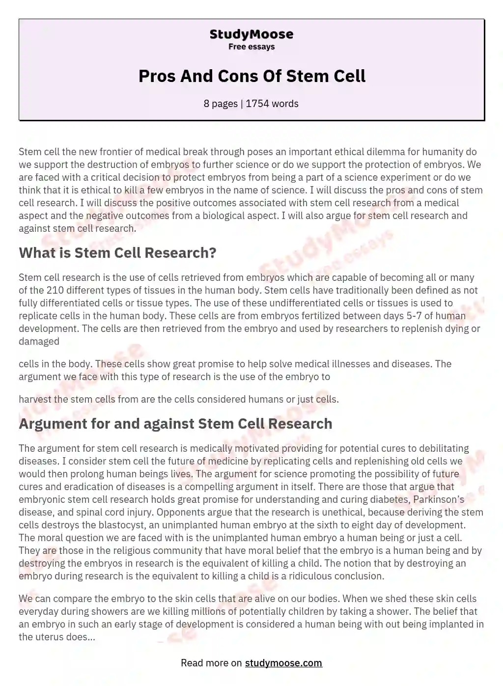Pros And Cons Of Stem Cell essay