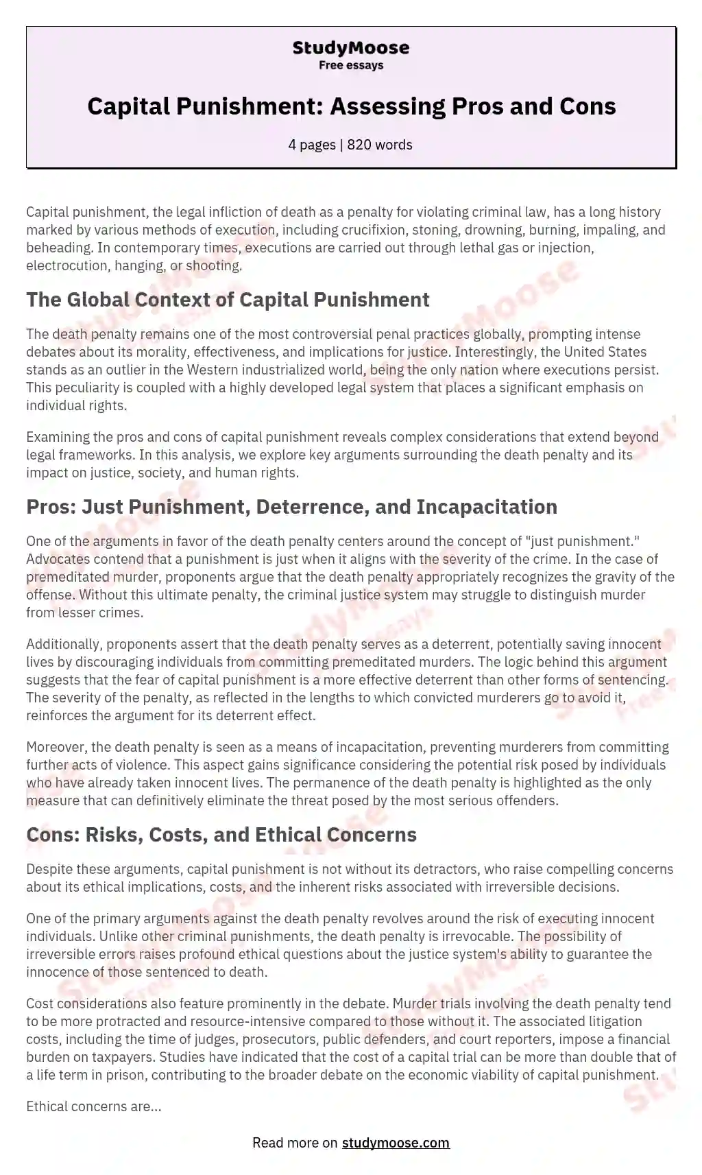 Capital Punishment: Assessing Pros and Cons essay