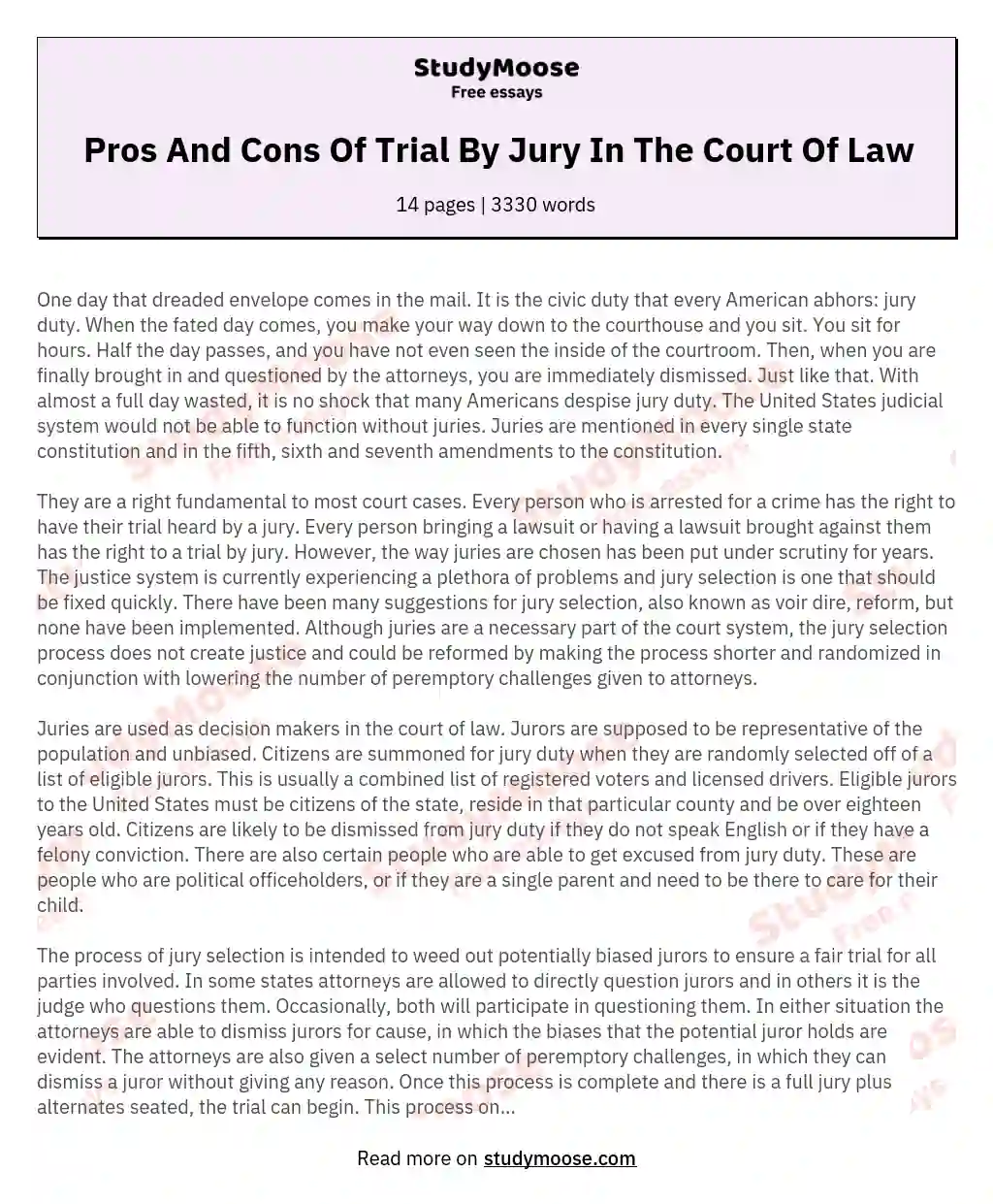 Pros And Cons Of Trial By Jury In The Court Of Law essay