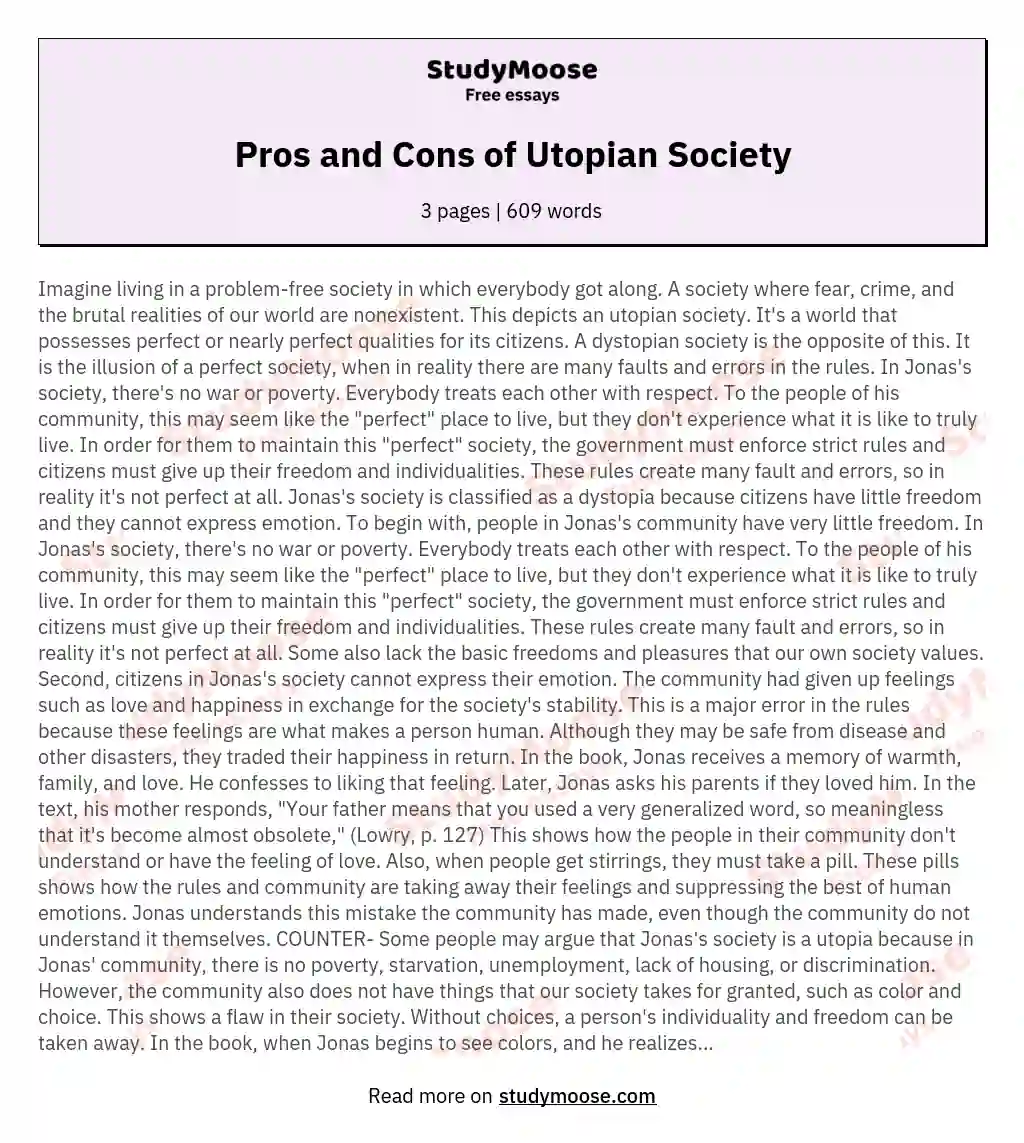 Pros and Cons of Utopian Society essay