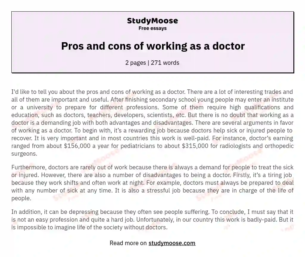 Pros and cons of working as a doctor essay