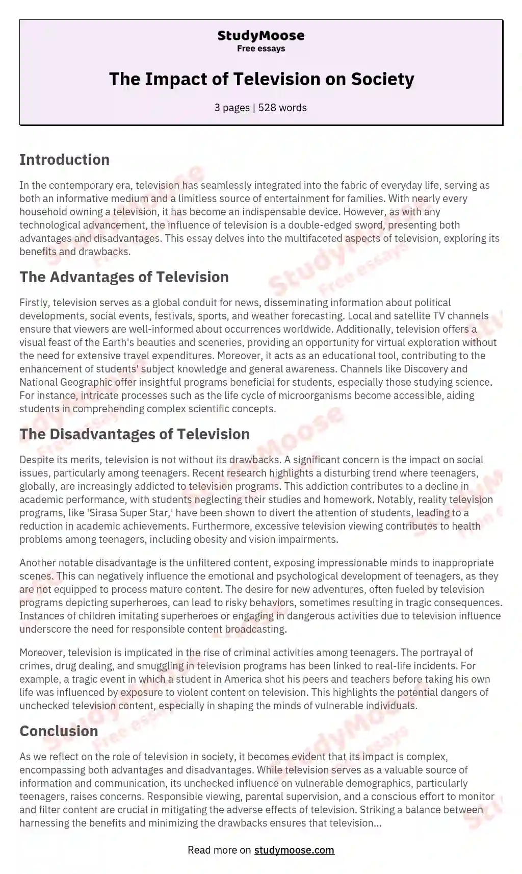The Impact of Television on Society essay