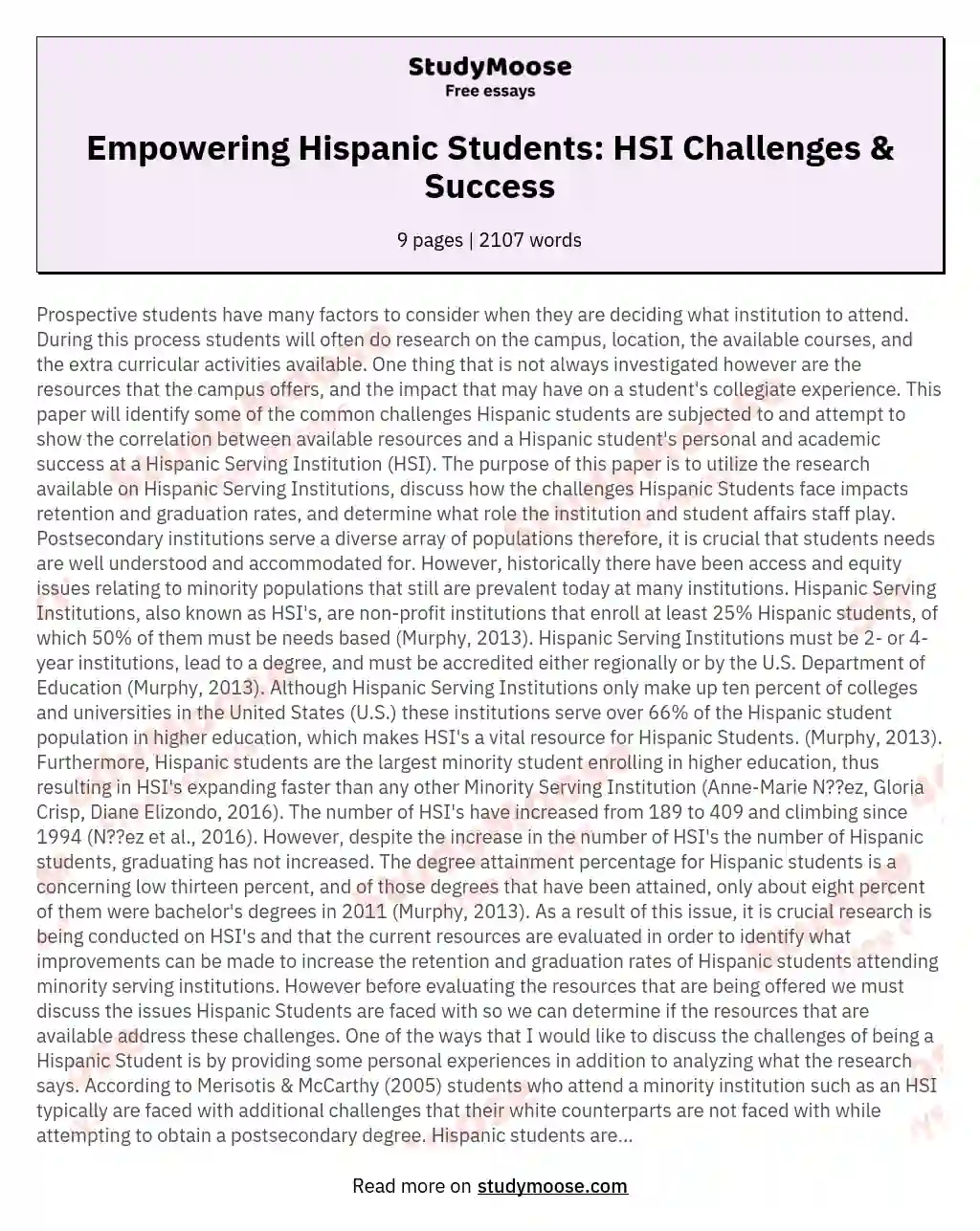 Empowering Hispanic Students: HSI Challenges & Success essay