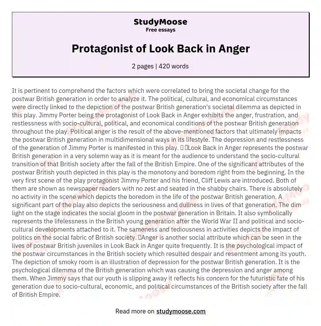 Protagonist of Look Back in Anger essay