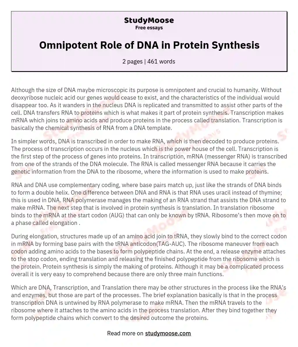 Omnipotent Role of DNA in Protein Synthesis essay