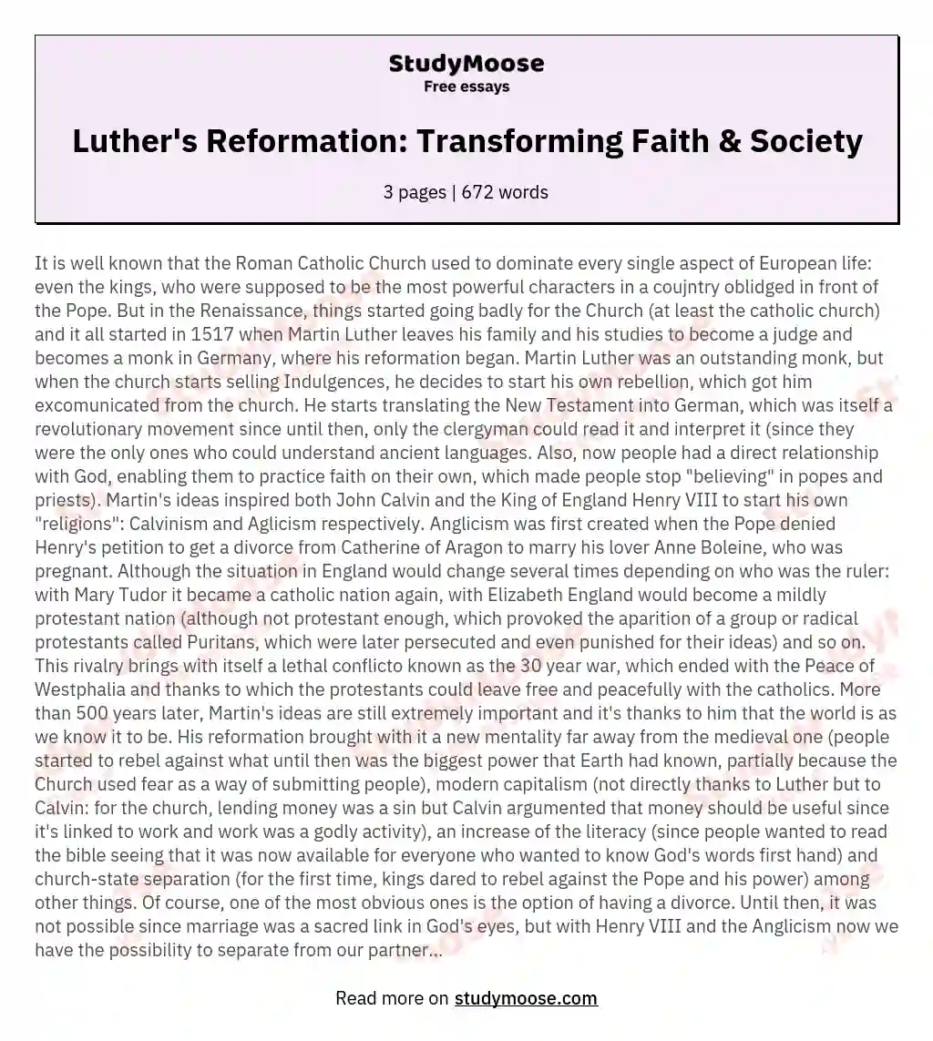 Luther's Reformation: Transforming Faith & Society essay