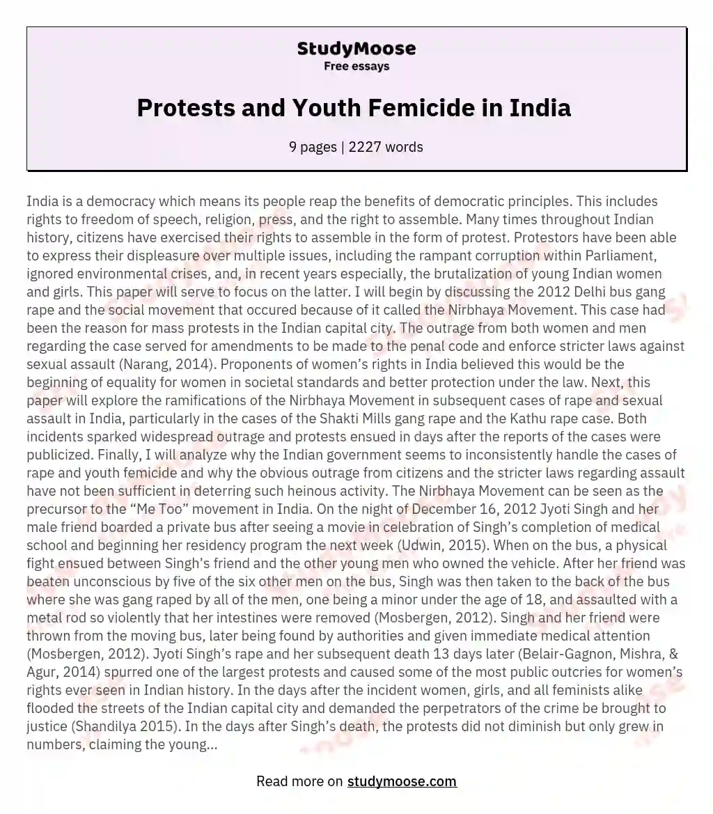 Protests and Youth Femicide in India  essay