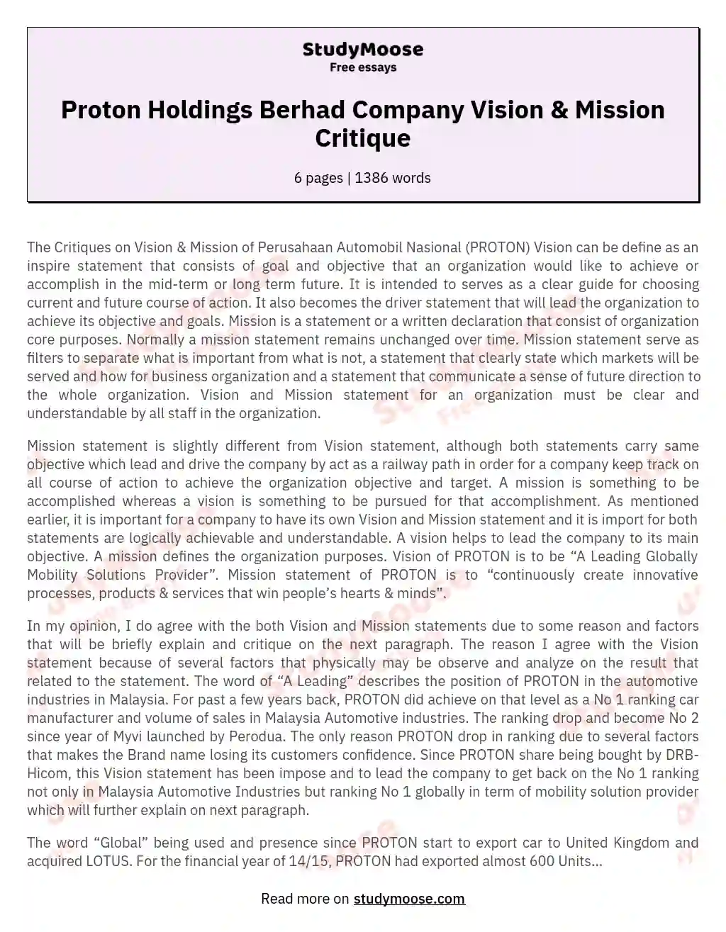 Proton Holdings Berhad Company Vision & Mission Critique essay