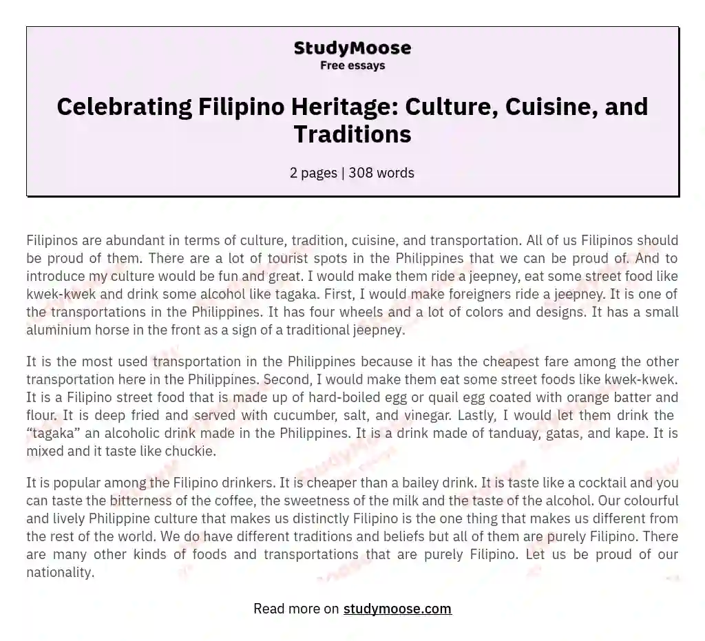 Celebrating Filipino Heritage: Culture, Cuisine, and Traditions essay