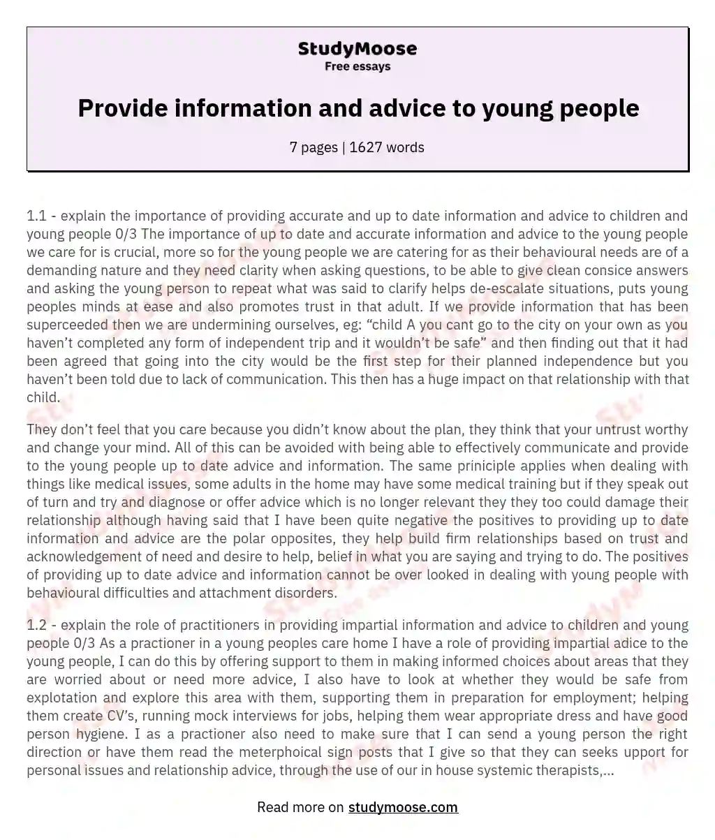 Provide information and advice to young people essay