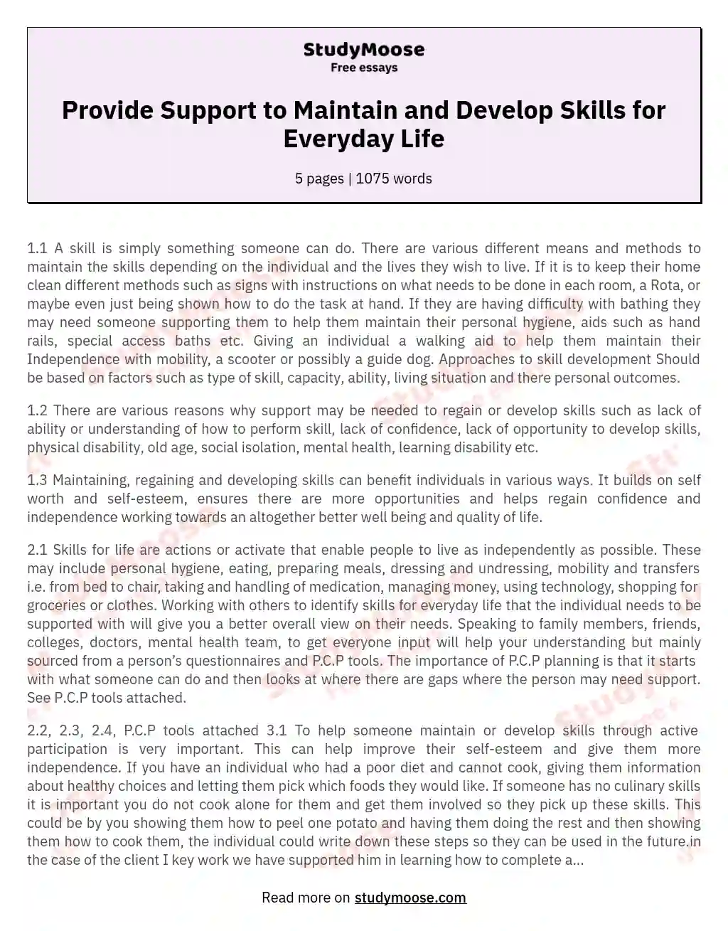 Provide Support to Maintain and Develop Skills for Everyday Life essay