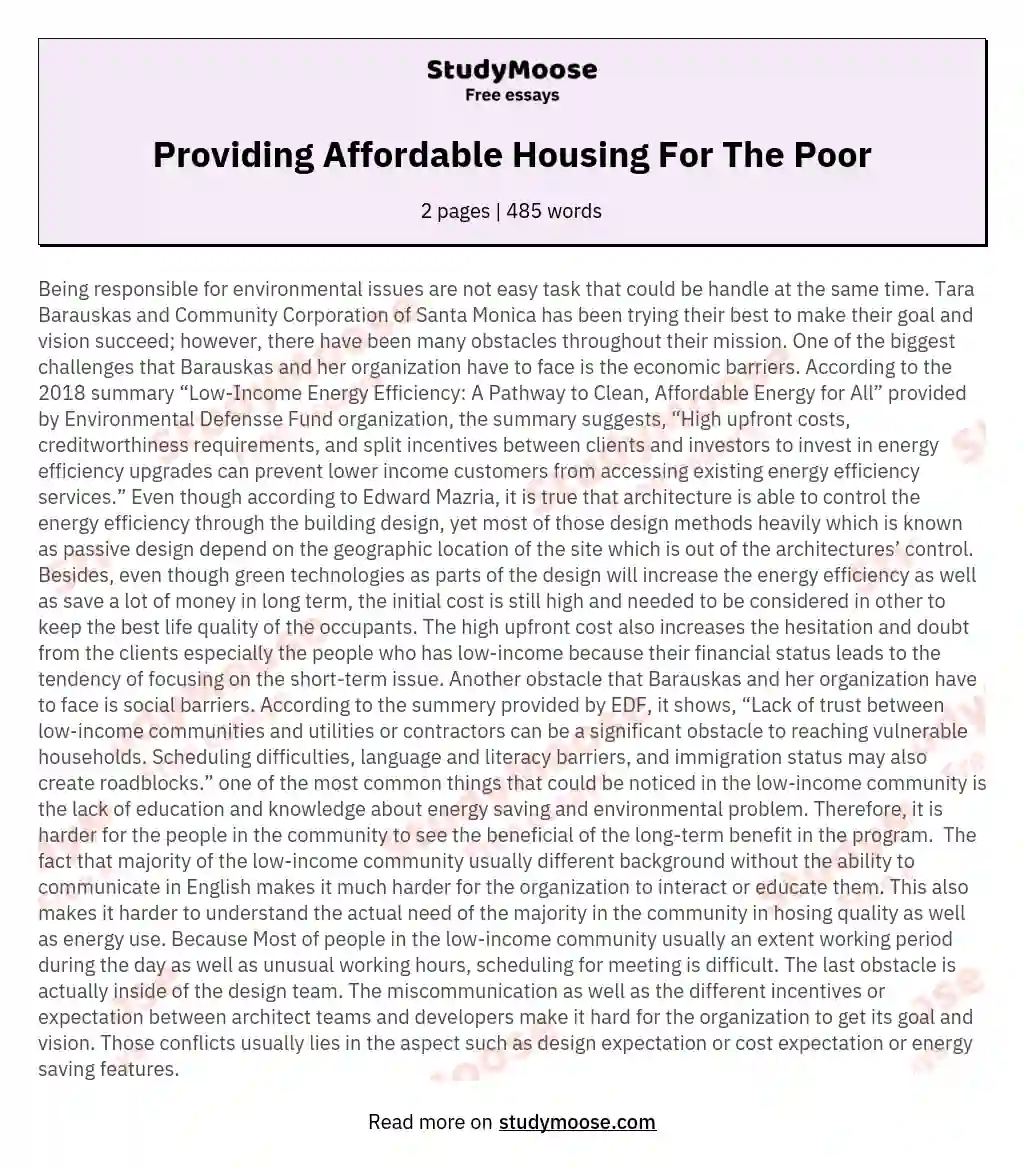 Providing Affordable Housing For The Poor essay