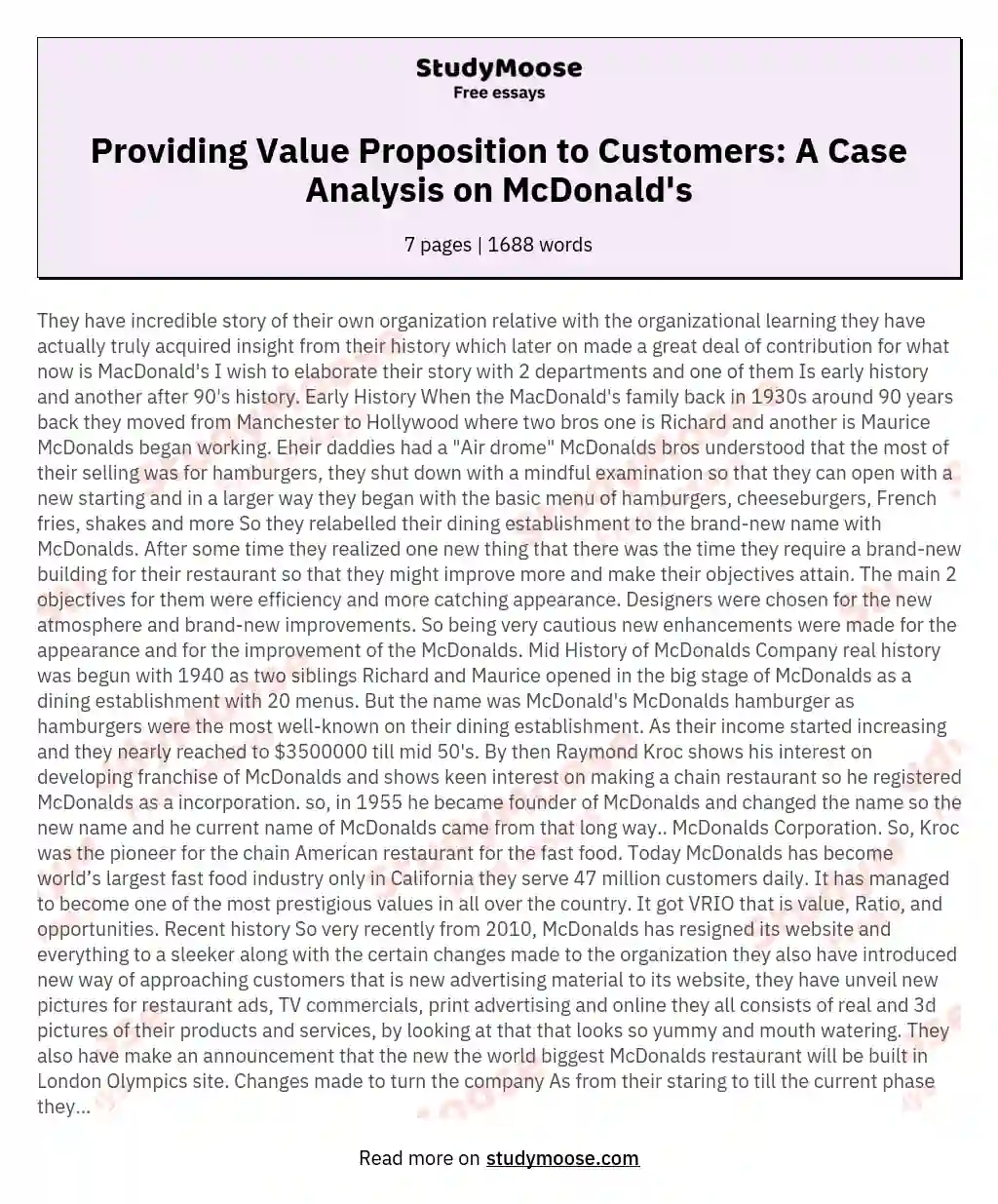 Providing Value Proposition to Customers: A Case Analysis on McDonald's essay