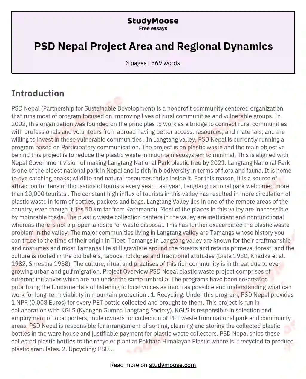 PSD Nepal Project Area and Regional Dynamics essay