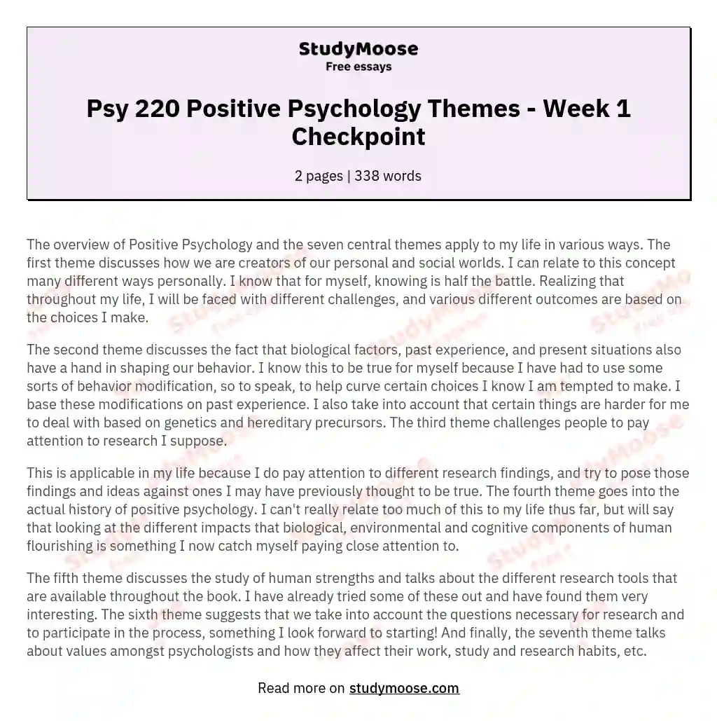 Psy 220 Positive Psychology Themes - Week 1 Checkpoint
