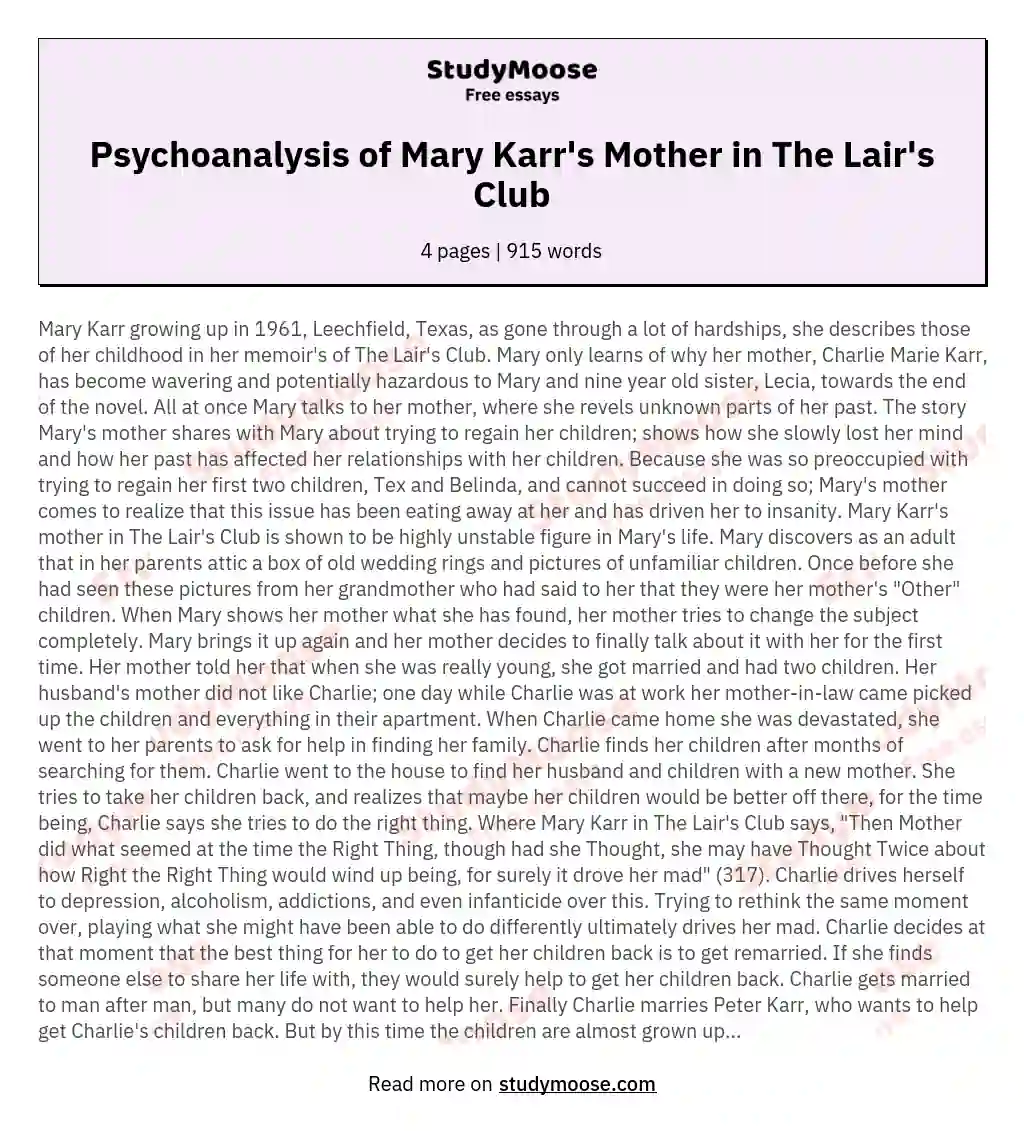 Psychoanalysis of Mary Karr's Mother in The Lair's Club essay