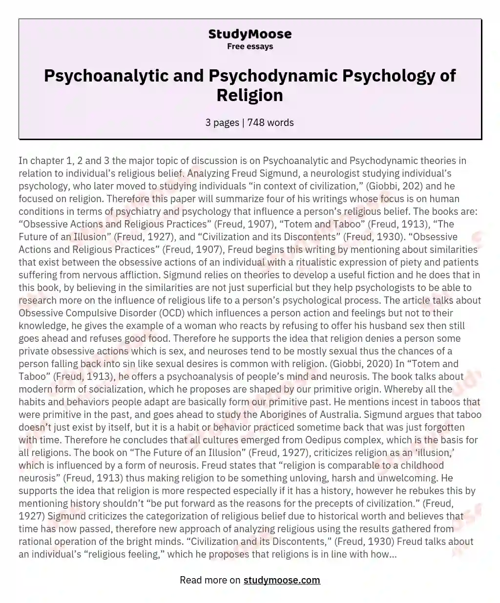 Psychoanalytic and Psychodynamic Psychology of Religion essay