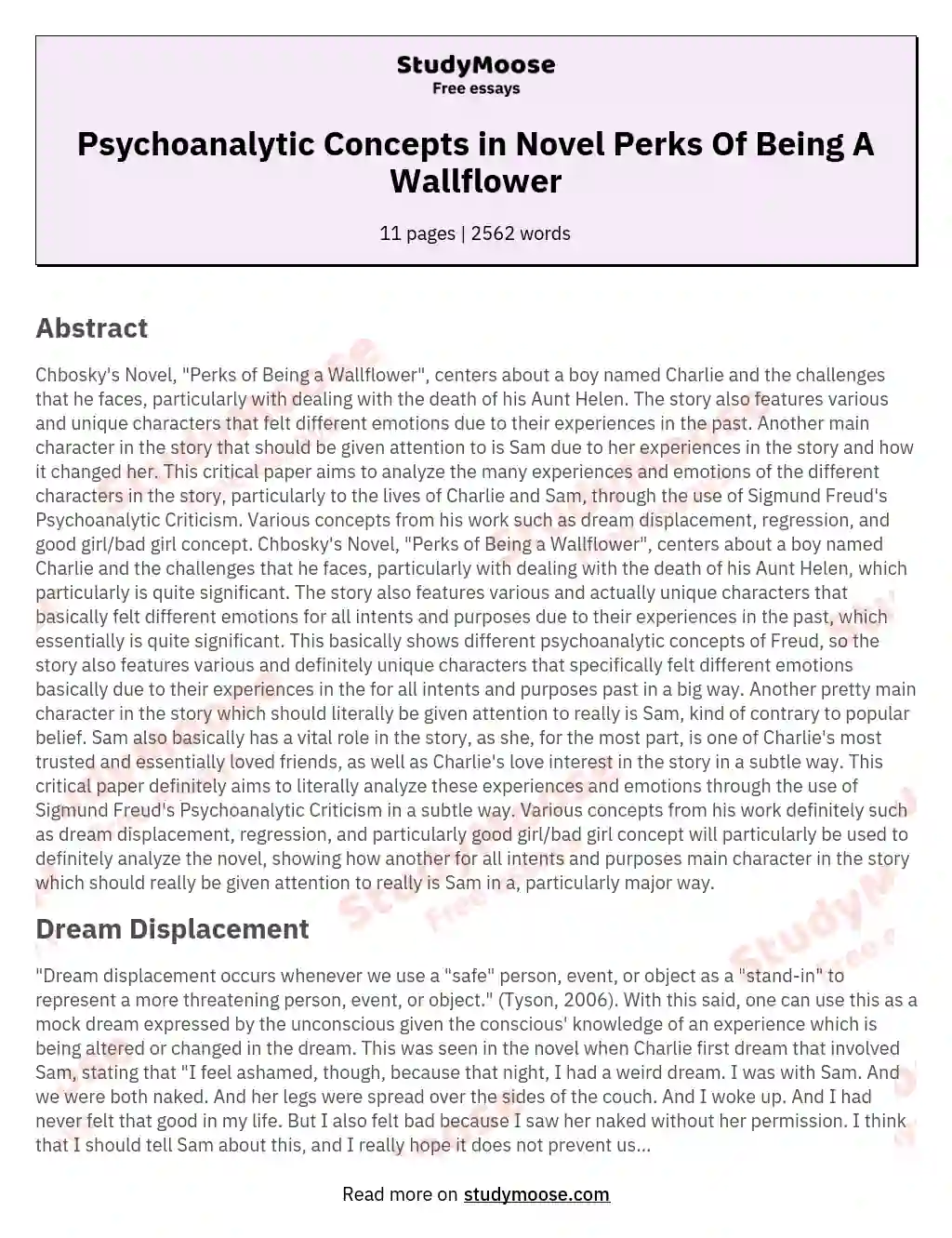 Psychoanalytic Concepts in Novel Perks Of Being A Wallflower essay