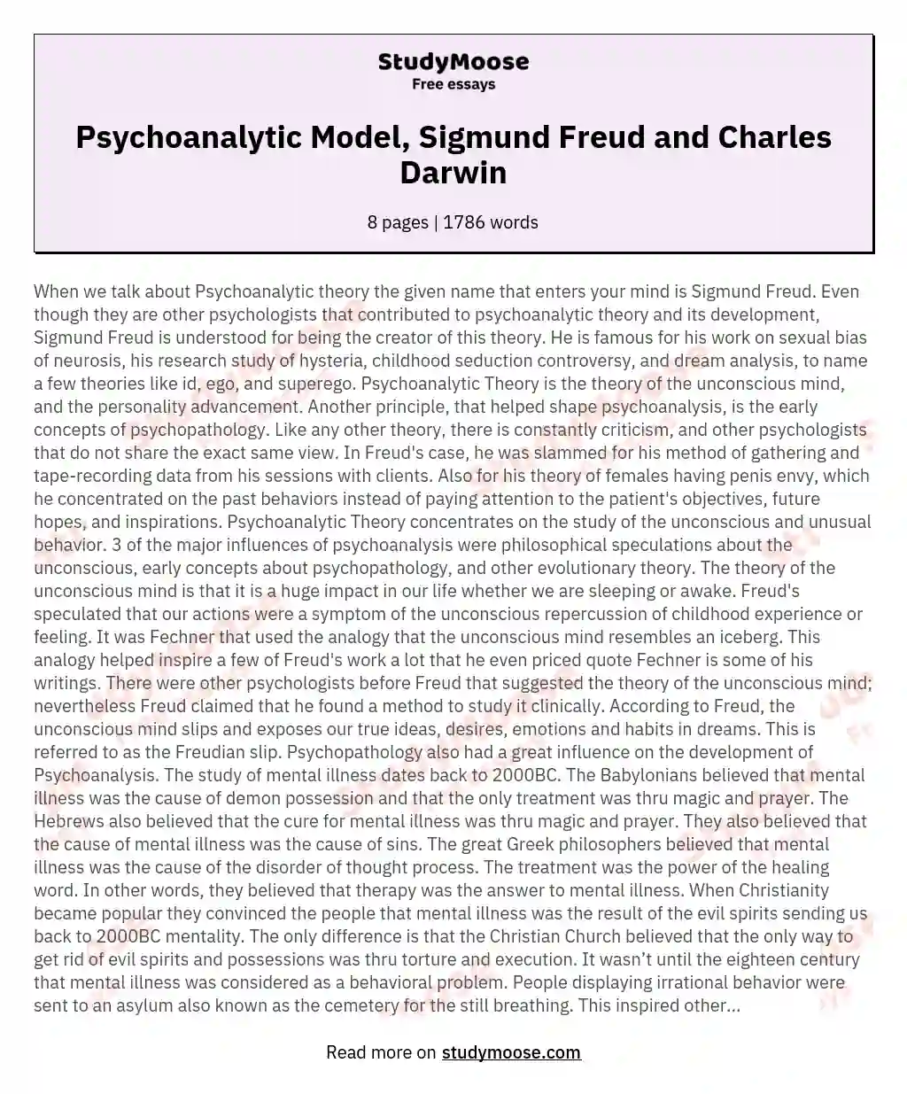 Psychoanalytic Model, Sigmund Freud and Charles Darwin