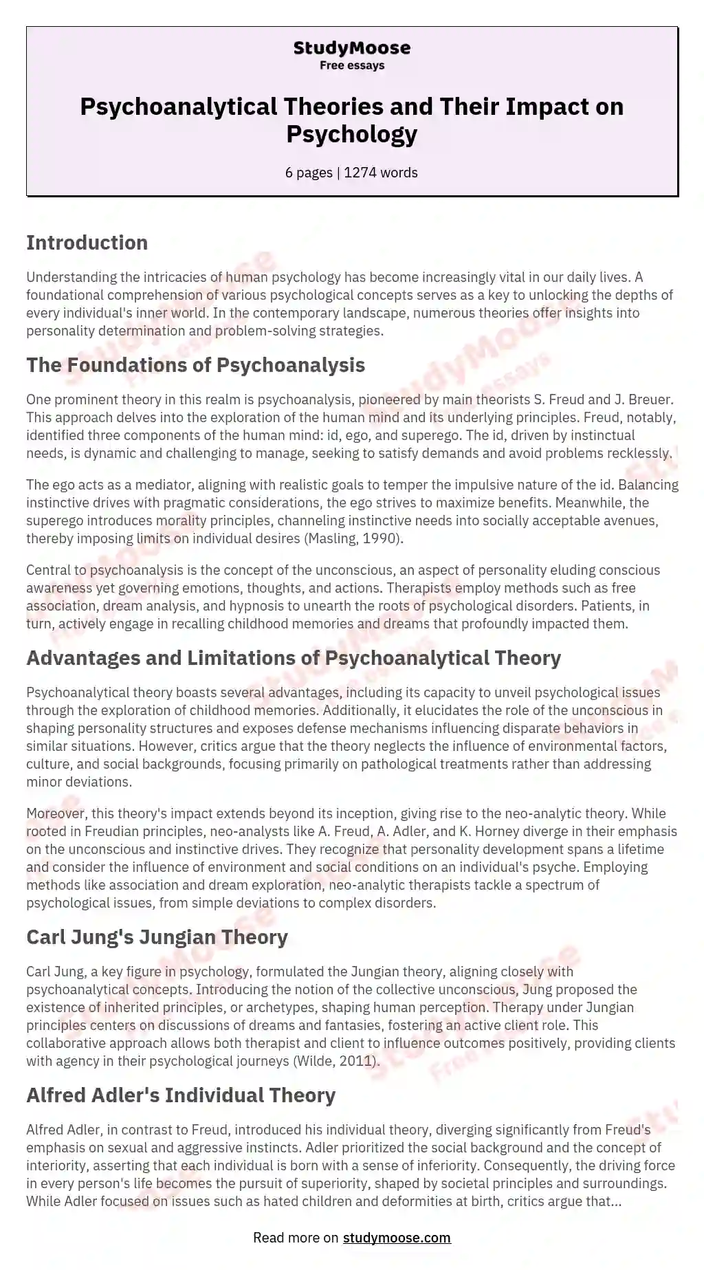 Psychoanalytical Theories and Their Impact on Psychology essay