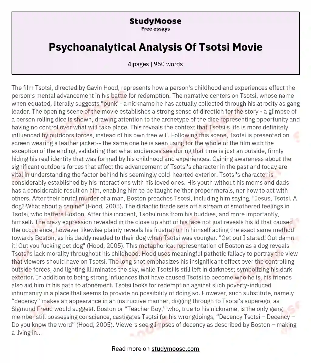 Psychoanalytical Analysis Of Tsotsi Movie