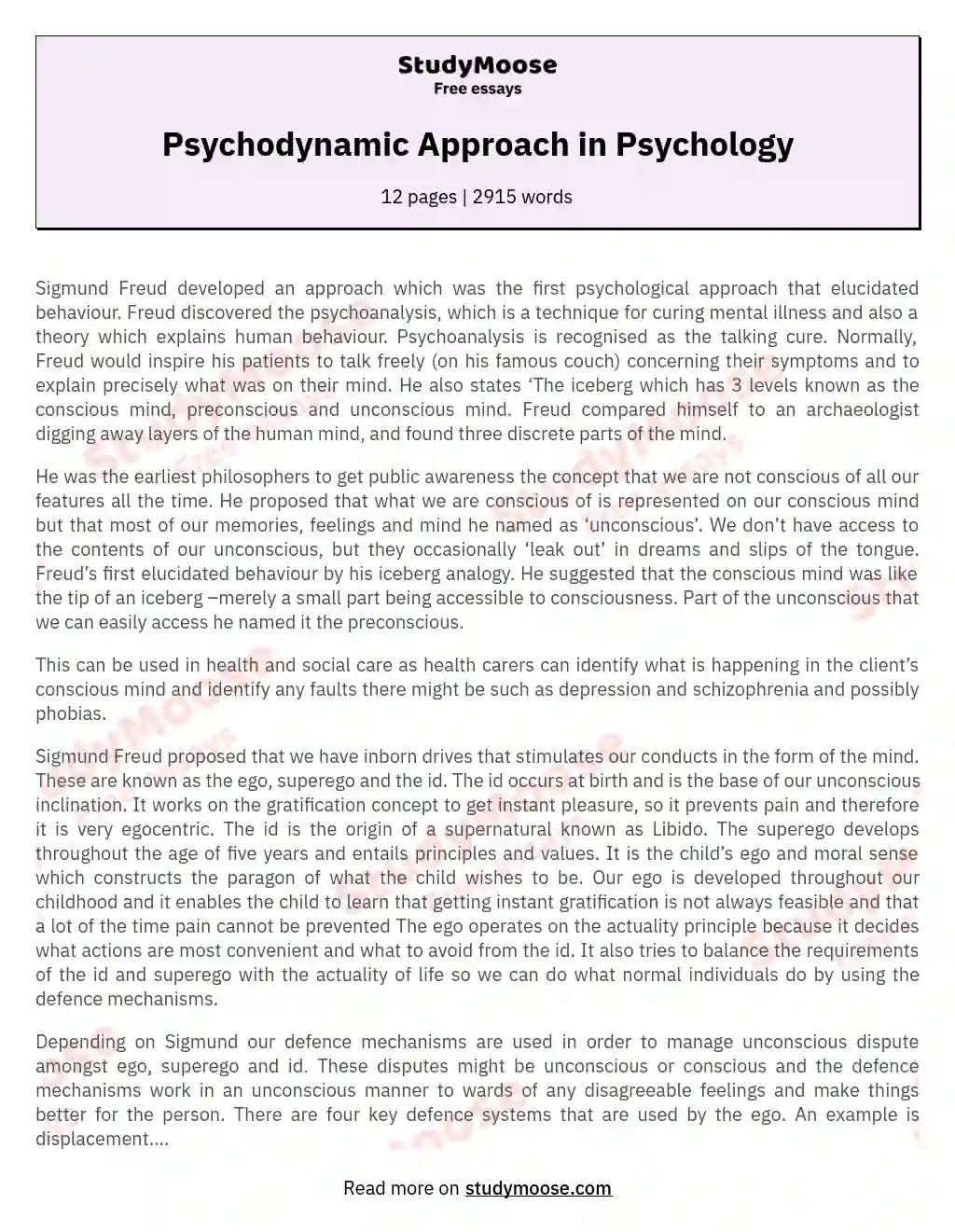 Psychodynamic Approach in Psychology essay