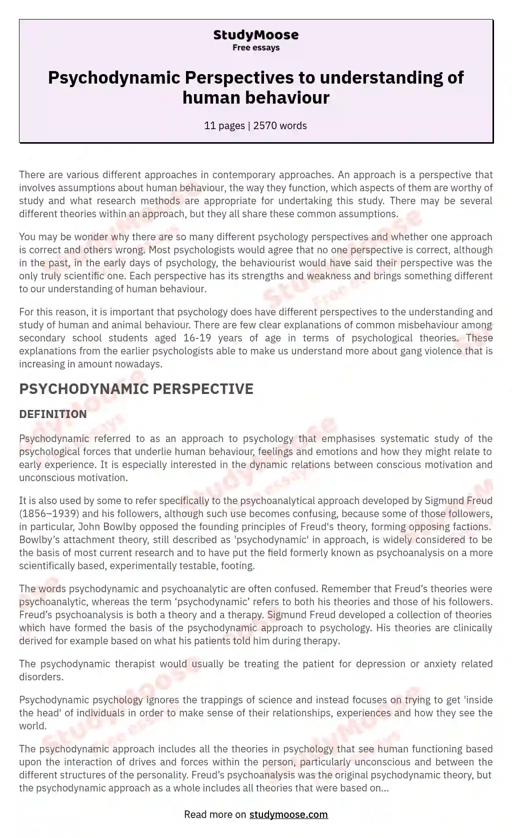 Psychodynamic Perspectives to understanding of human behaviour essay
