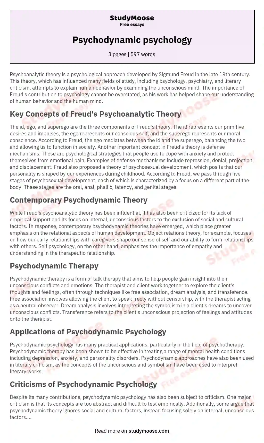 Psychodynamic psychology essay