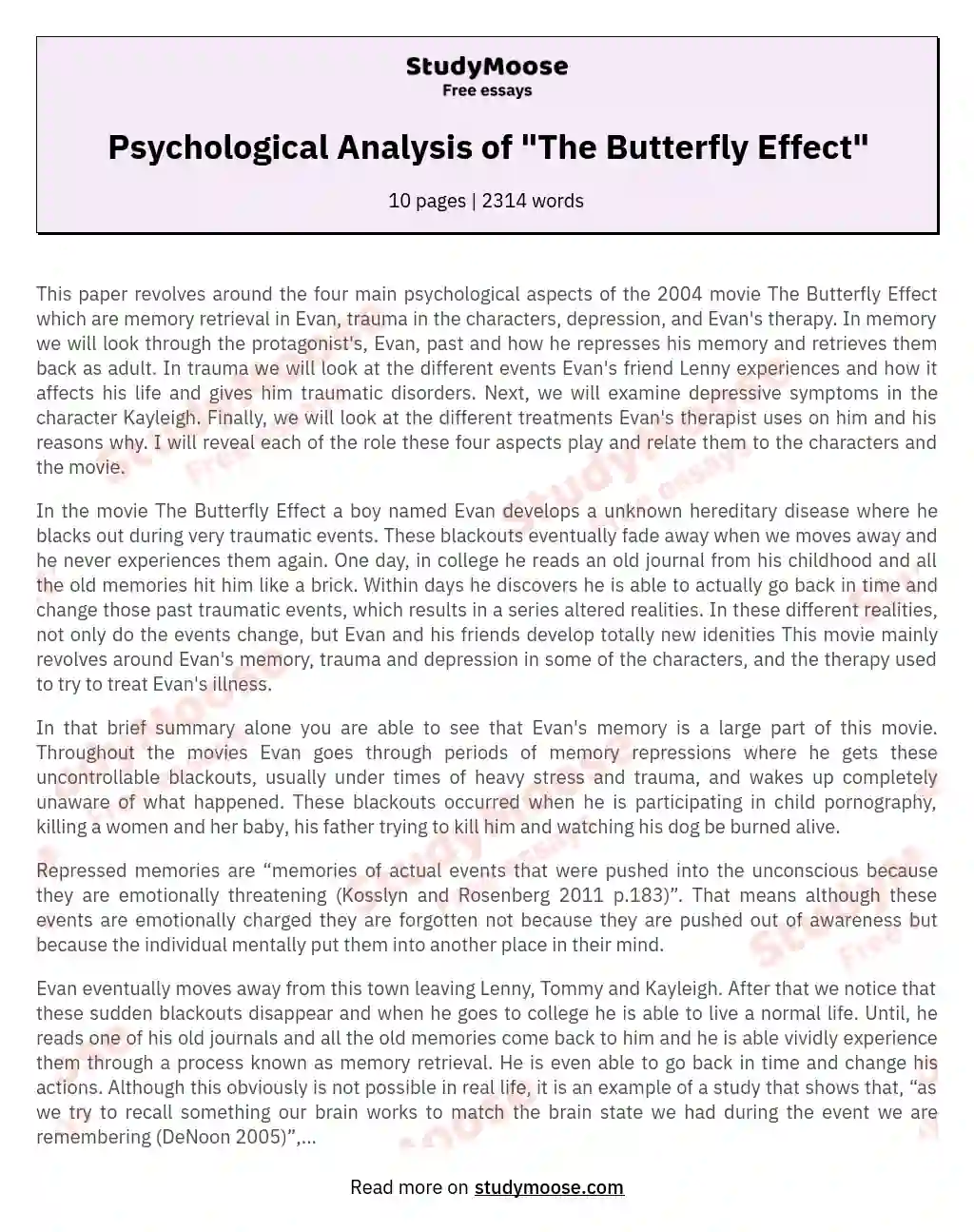 Psychological Analysis of "The Butterfly Effect" essay