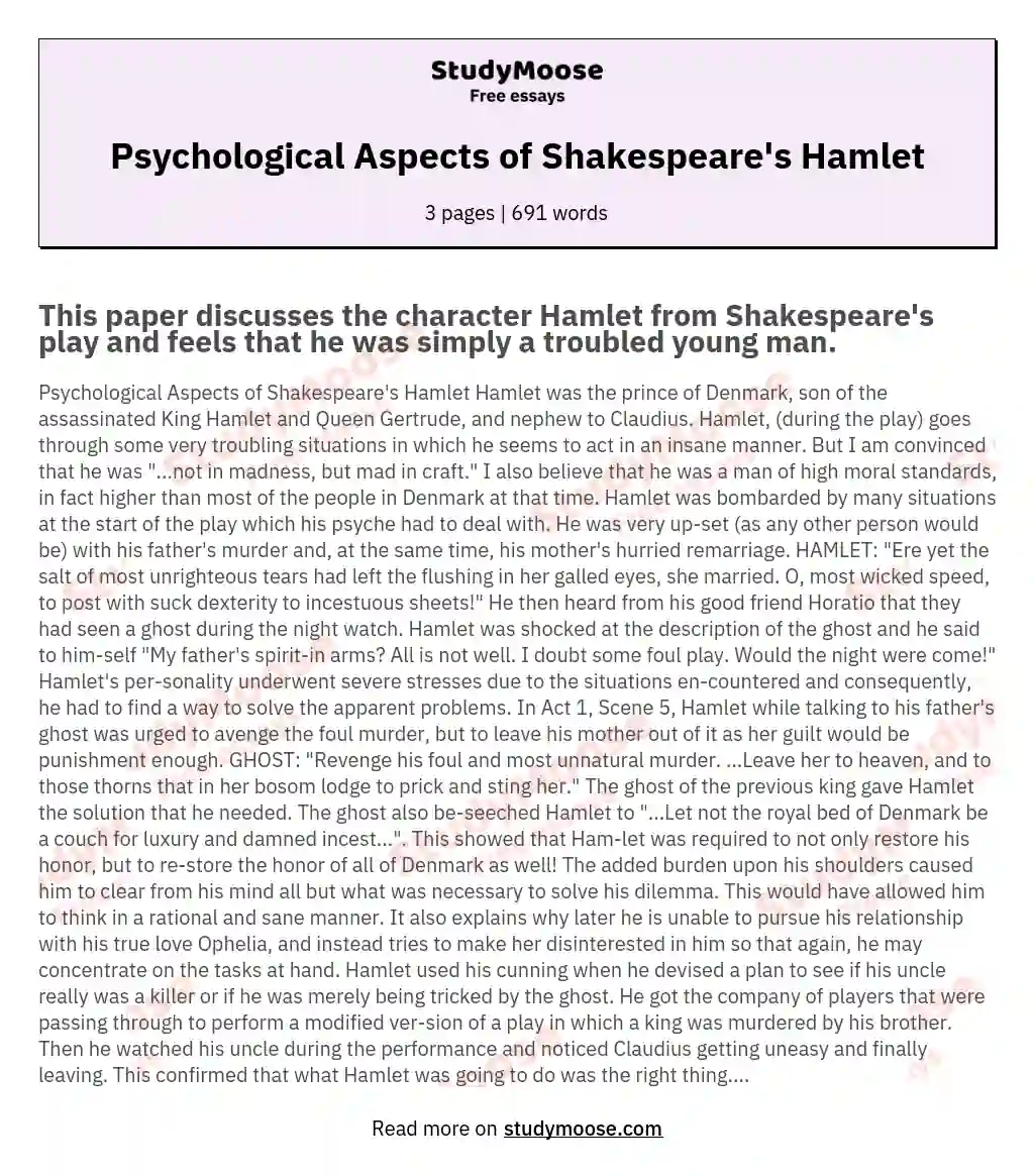 Psychological Aspects of Shakespeare's Hamlet essay
