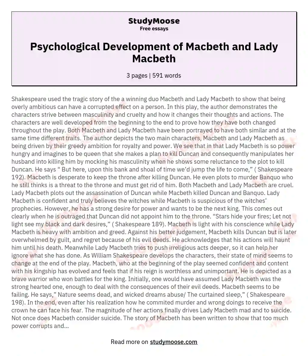 Psychological Development of Macbeth and Lady Macbeth