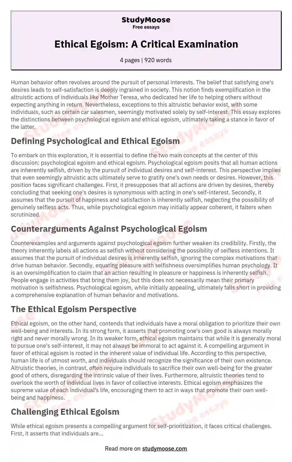 Psychological Egoism and Ethical Egoism