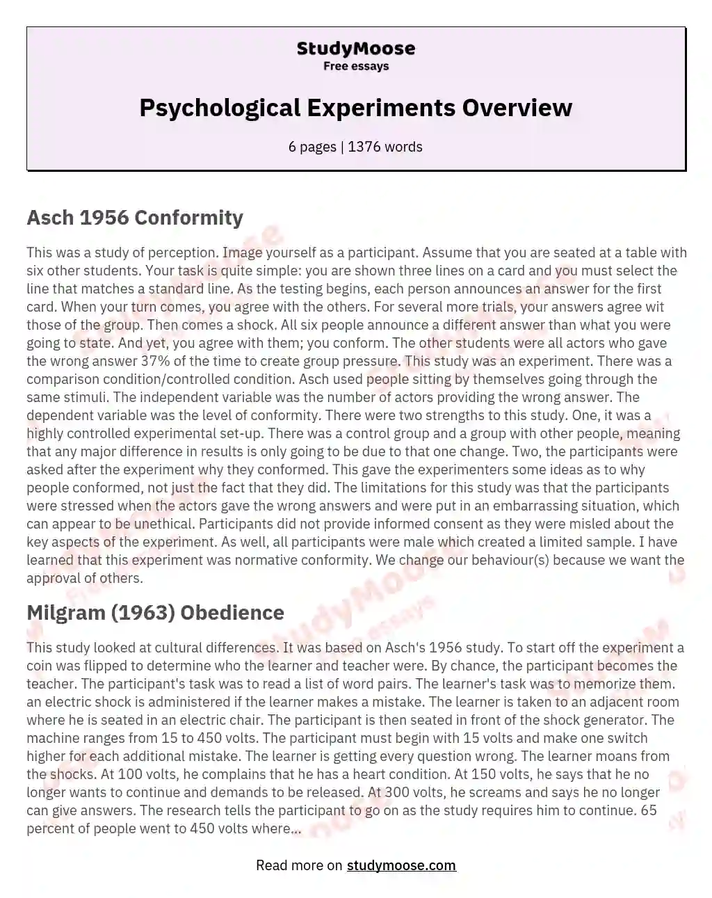 Psychological Experiments Overview essay