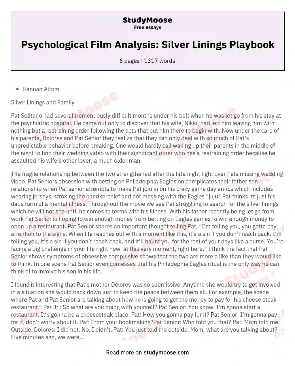 Psychological Film Analysis: Silver Linings Playbook essay