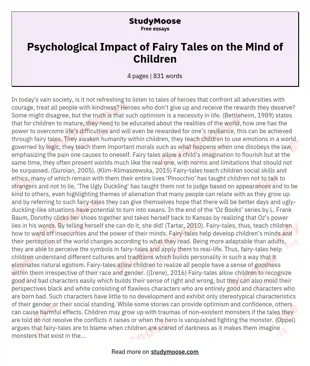Psychological Impact of Fairy Tales on the Mind of Children