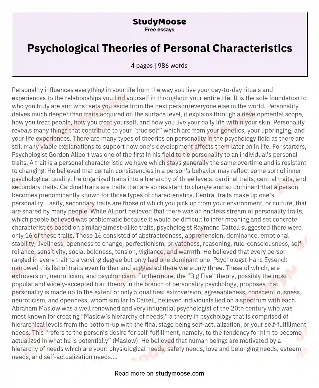 Psychological Theories of Personal Characteristics essay