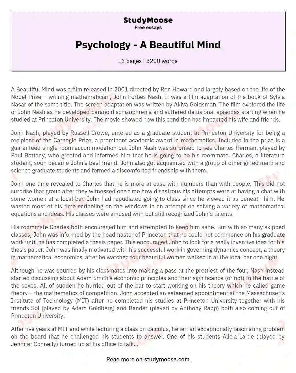 Psychology - A Beautiful Mind essay