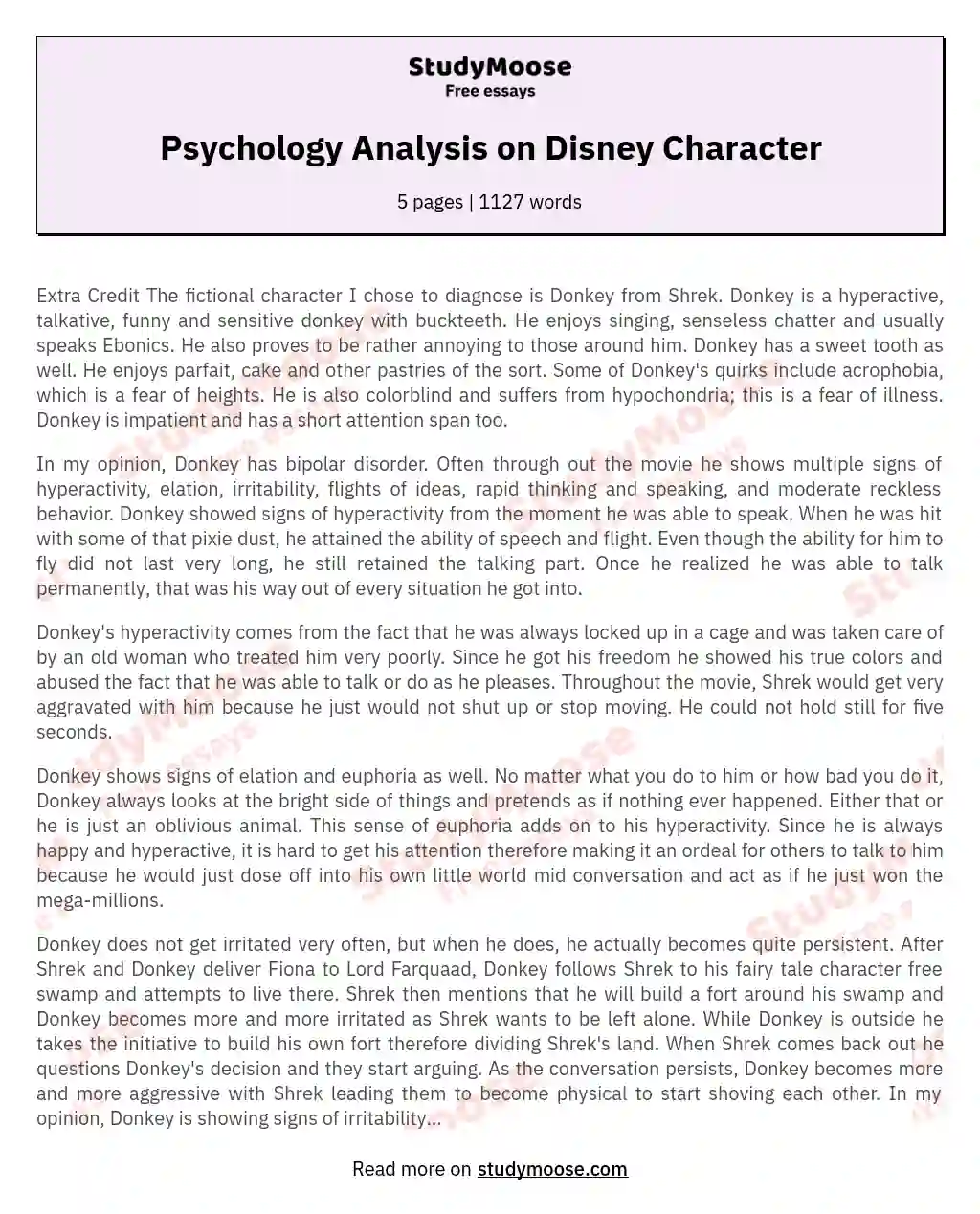 Psychology Analysis on Disney Character essay