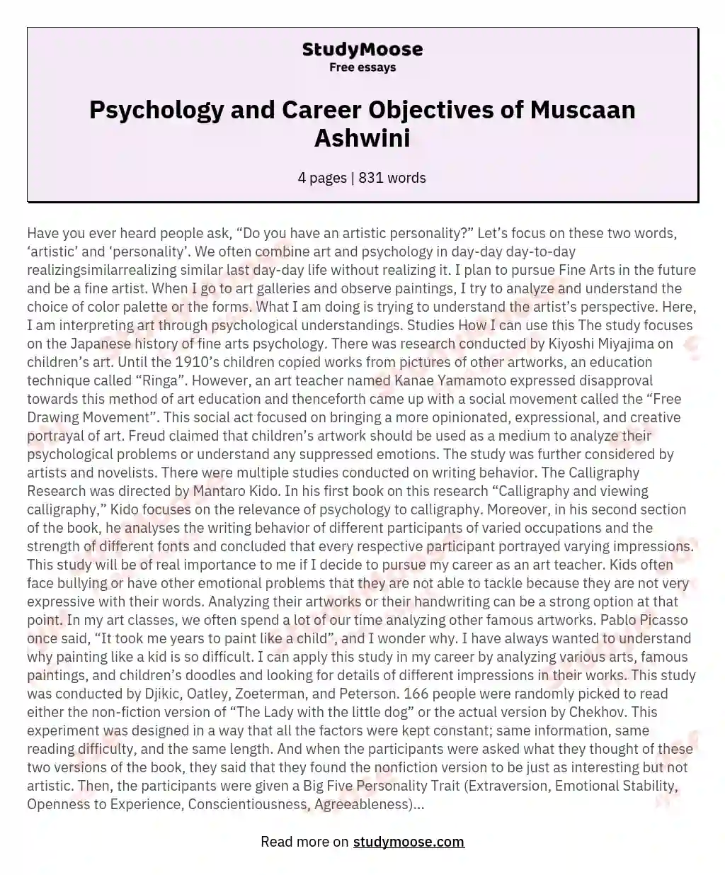 Psychology and Career Objectives of Muscaan Ashwini essay