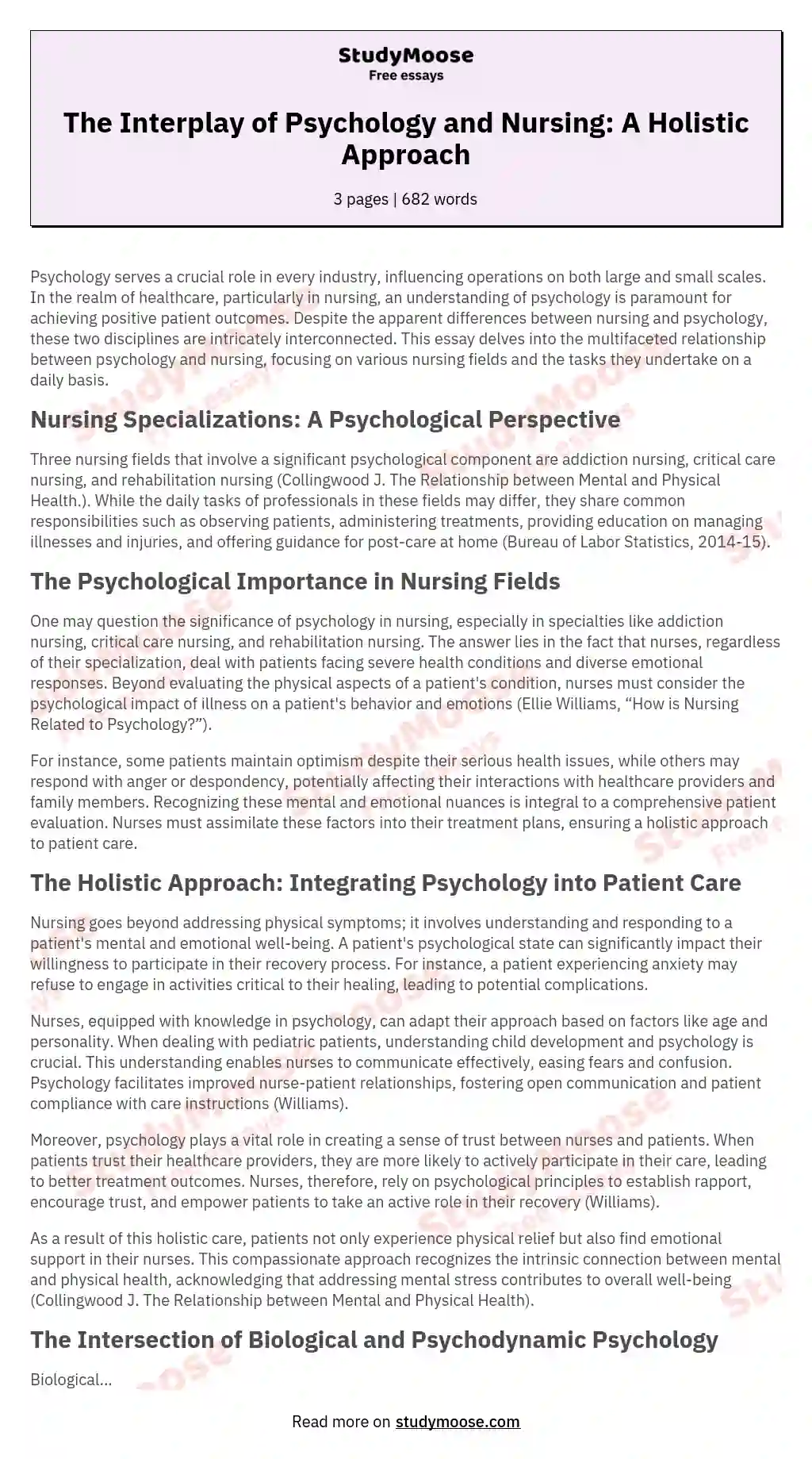The Interplay of Psychology and Nursing: A Holistic Approach essay