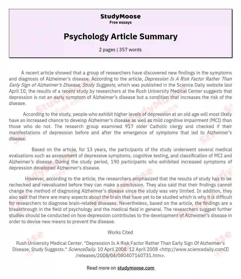 Psychology Article Summary essay