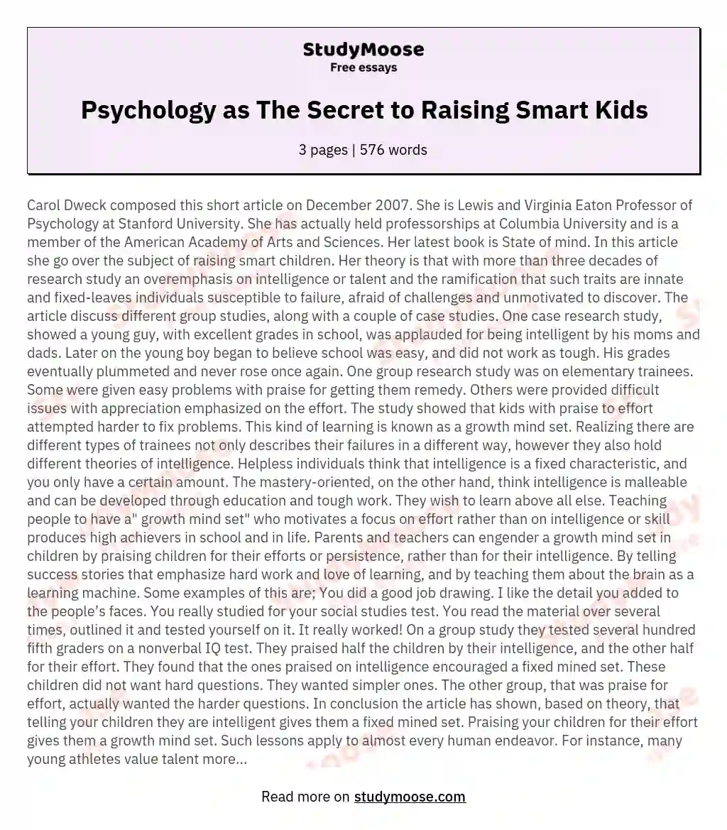 Psychology as The Secret to Raising Smart Kids essay