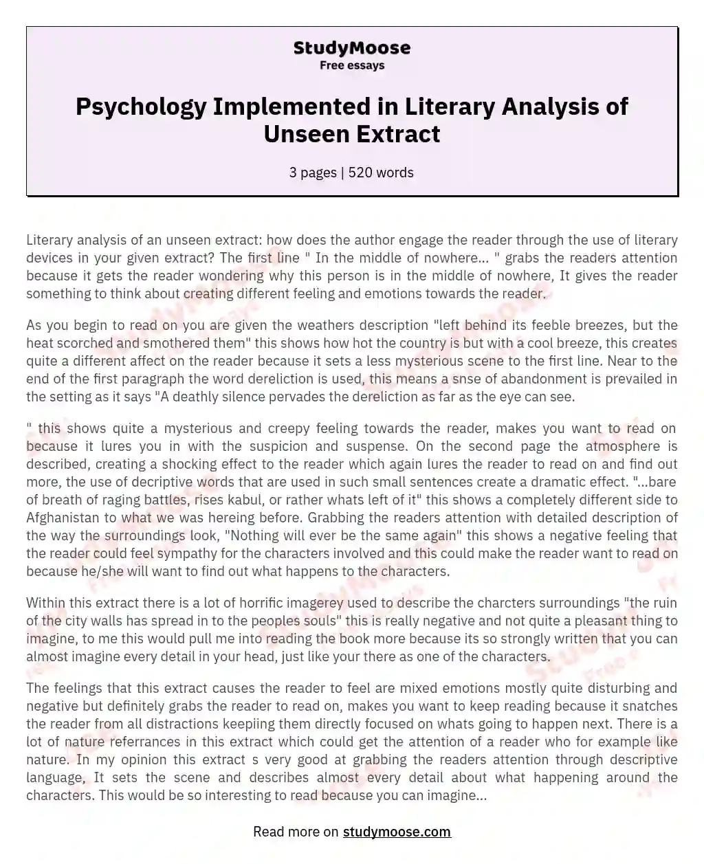 Psychology Implemented in Literary Analysis of Unseen Extract