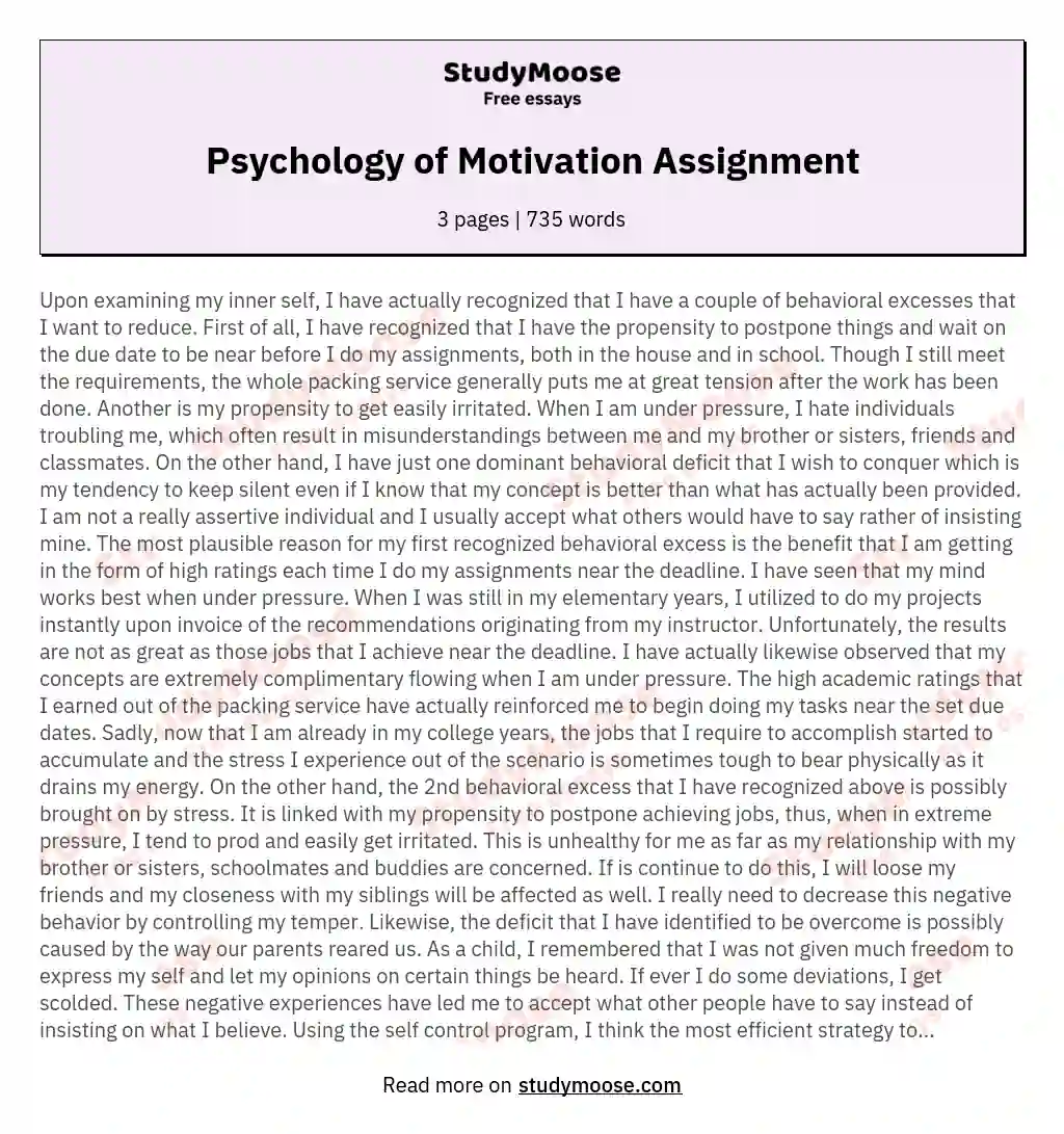 Psychology of Motivation Assignment essay