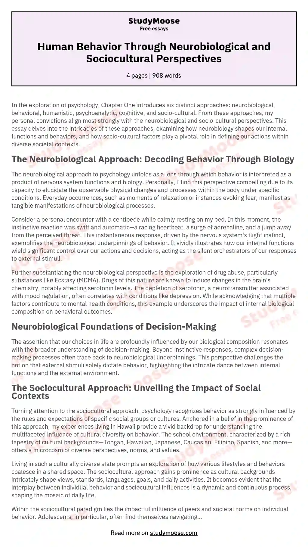 Human Behavior Through Neurobiological and Sociocultural Perspectives essay